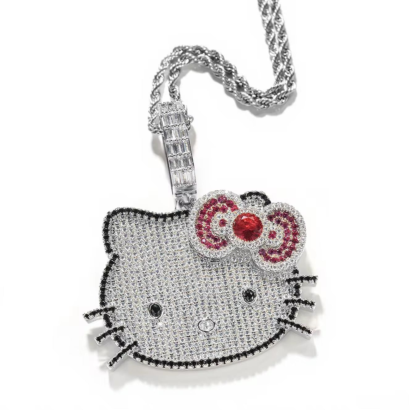 Luxury Iced Kitty Pendant Necklace w/ Twist Chain