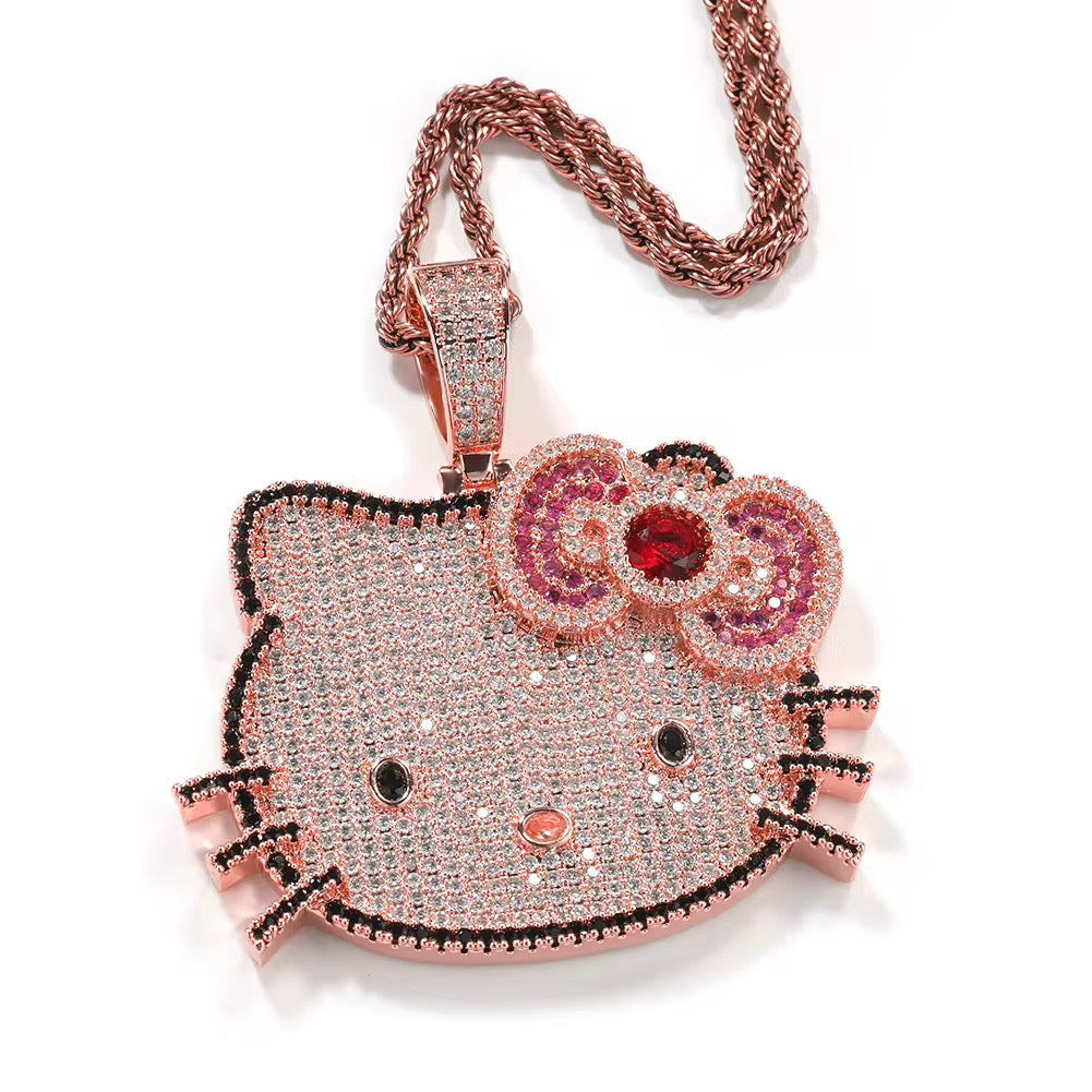 Luxury Iced Kitty Pendant Necklace w/ Twist Chain